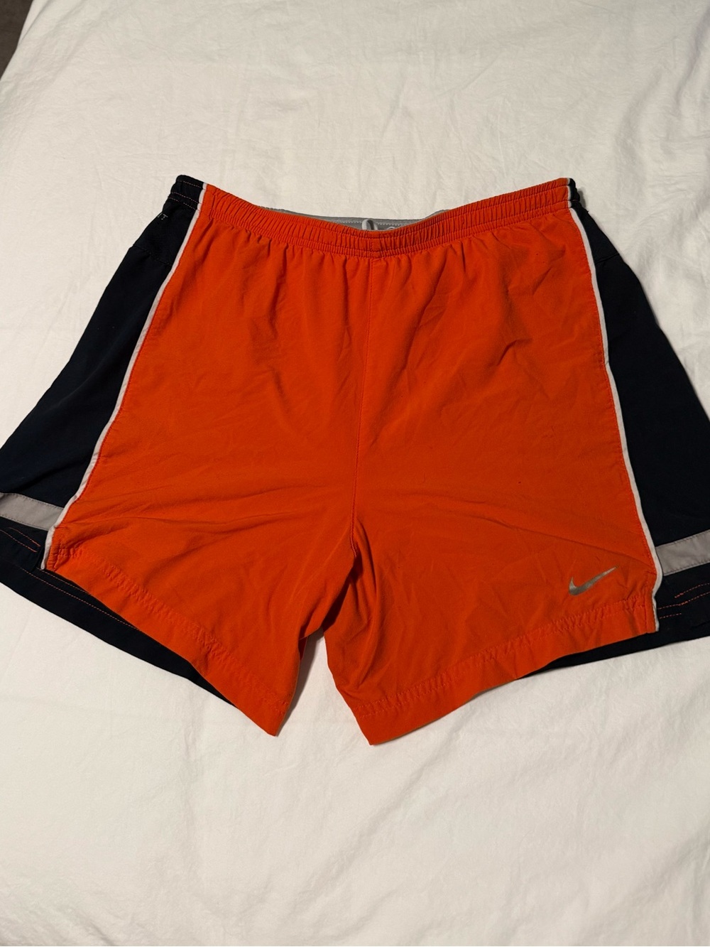 Nike Men's Orange and Black Lined Running Shorts with White Trim